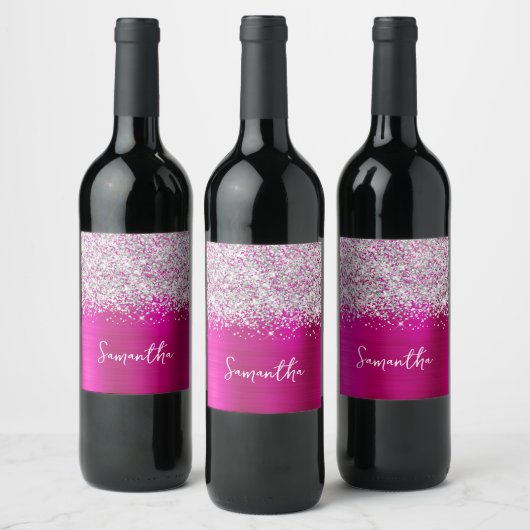 Glitterende Zilveren Roze Glam Schrift Naam Wijn Etiket (Flessen)