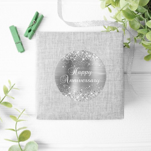 Glitterende Zilverfolie Gelukkig Jubileum Ronde Sticker