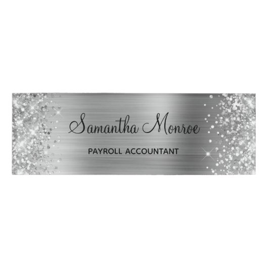 Glitterende zilverfolie naambadge (Voorkant)