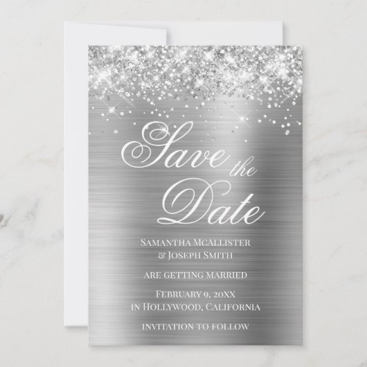 Glitterende Zilverfolie Save the Date Kaart (Voorkant)