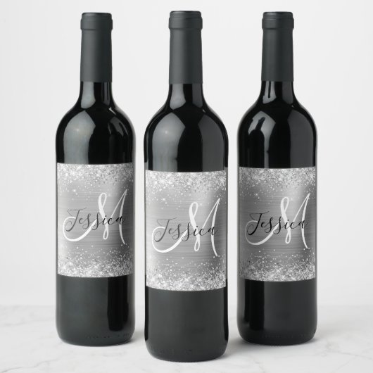 Glitterende zilverfolie zwart-wit monogram wijn etiket (Flessen)