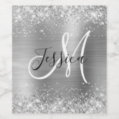Glitterende zilverfolie zwart-wit monogram wijn etiket (Enkel label)