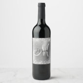 Glitterende zilverfolie zwart-wit monogram wijn etiket (Voorkant)