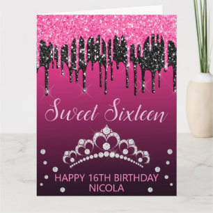 Glitterende Zwart & Roze Drip Glitter Sweet 16 Kaart