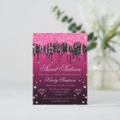 Glitterende zwarte en roze druipende glitter Sweet Briefkaart (Staand voorkant)