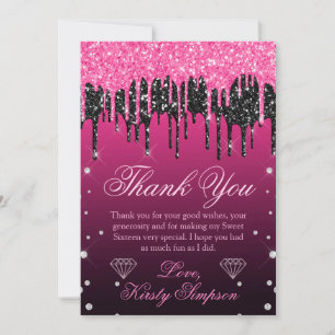 Glitterende Zwarte & Roze Drip Glitter Sweet 16 Bedankkaart