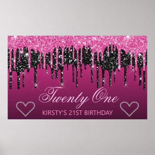 Glitterende Zwarte & Roze Drip Glitter Verjaardag Poster (Voorkant)
