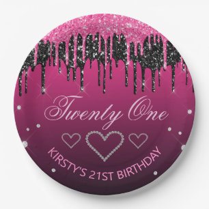 Glitterende zwarte & roze druipende glitter verjaa papieren bordje