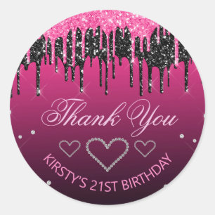 Glitterende zwarte & roze druipende glitter verjaa ronde sticker