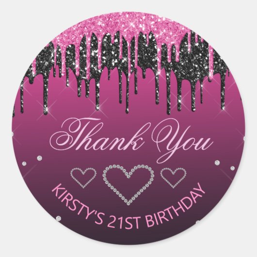 Glitterende zwarte & roze druipende glitter verjaa ronde sticker (Voorkant)