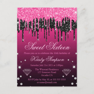 Glitterende Zwarte & Roze Druppelende Glitter Swee Briefkaart