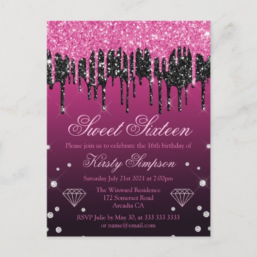 Glitterende Zwarte & Roze Druppelende Glitter Swee Briefkaart (Voorkant)