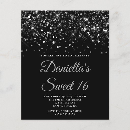 Glitterende Zwarte Sweet 16 Uitnodiging Flyer (Voorkant)
