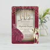 Glitterglas, ballonnen, Dress Red 50th Birthday Kaart (Staand voorkant)