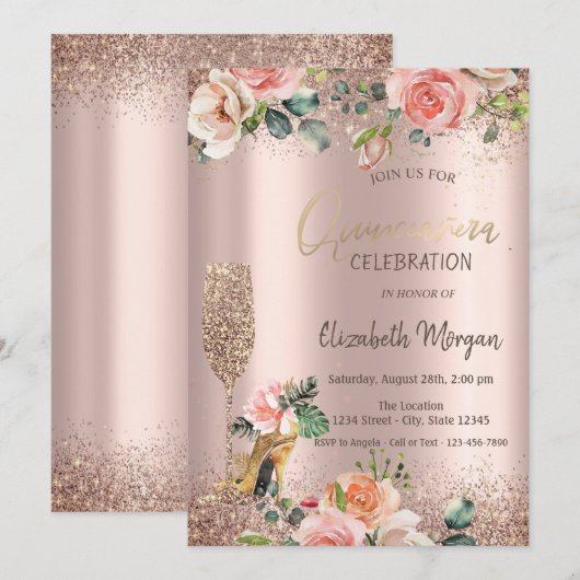 Glitterglas op hoge hoogte, Rozen Quinceañera Kaart (Voorkant / Achterkant)