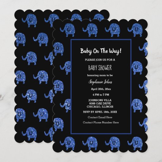 Glitterig Blauw Baby shower Olifant Dieren Zwart Kaart (Voorkant / Achterkant)