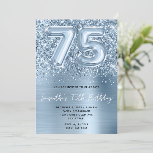 Glitterig Blauw Ballon Glam 75e Verjaardag Kaart (Staand voorkant)