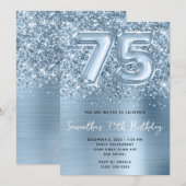 Glitterig Blauw Ballon Glam 75e Verjaardag Kaart (Voorkant / Achterkant)