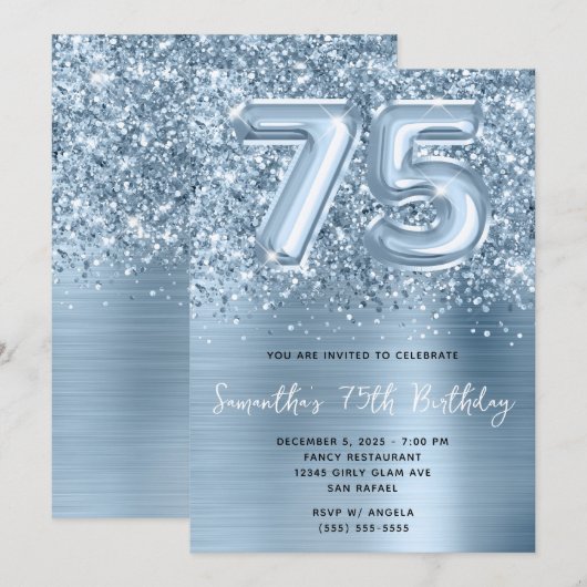 Glitterig Blauw Ballon Glam 75e Verjaardag Kaart (Voorkant / Achterkant)