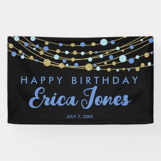 Glitterig blauw goud zwart elegant moderne verjaar spandoek (Horizontaal)
