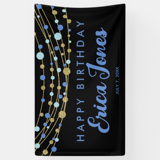 Glitterig blauw goud zwart elegant moderne verjaar spandoek (Verticaal)