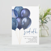 Glitterig Blauw Gouden Ballonnen 60e Verjaardagsfe Kaart (Staand voorkant)