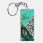 Glitterig Blauwgroen Tropisch Luipaard Gepersonali Sleutelhanger (Voorkant Links)