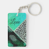 Glitterig Blauwgroen Tropisch Luipaard Gepersonali Sleutelhanger (achterkant)