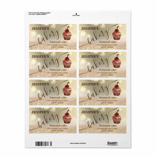Glitterig  cupcake chef script bakkerij etiket (Full Sheet)