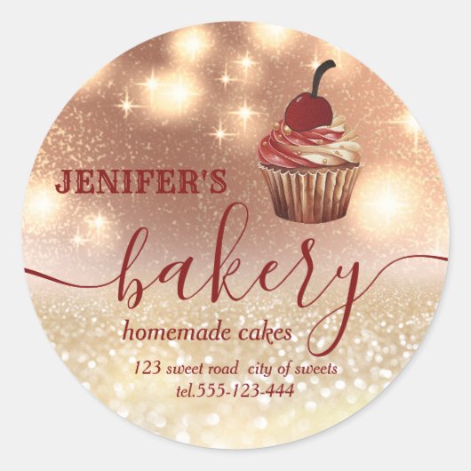 Glitterig  cupcake chef script bakkerij ronde sticker (Voorkant)