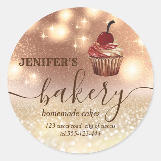 Glitterig  cupcake chef script bakkerij ronde sticker (Voorkant)