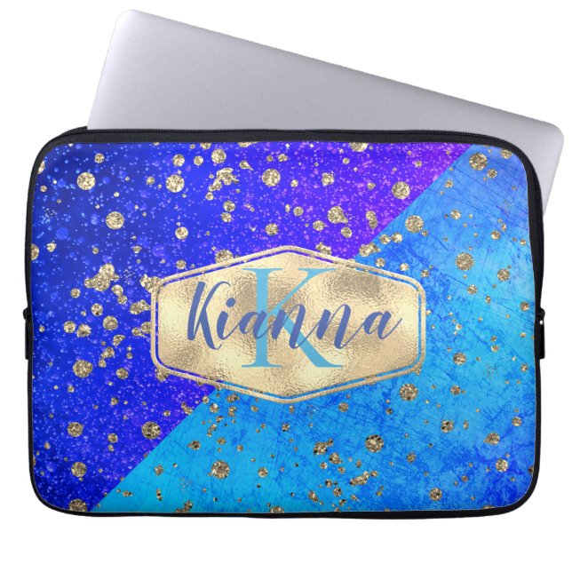 Glitterig dromerig blauw monogram gepersonaliseerd laptop sleeve (Voorkant)