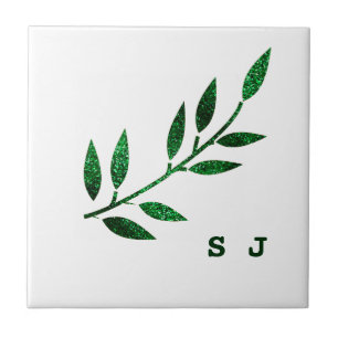 Glitterig Emerald Groen Blad Monogram Gift Favor Tegeltje
