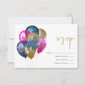Glitterig Goud Blauw Fuchsia Ballonnen 60e Verjaar RSVP Kaartje (Voorkant)