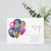 Glitterig Goud Blauw Fuchsia Ballonnen 60e Verjaar RSVP Kaartje (Staand voorkant)