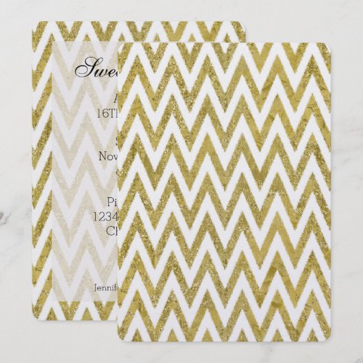 Glitterig Goud Wit Chevron Strepen Zoet Zestien Kaart (Voorkant / Achterkant)