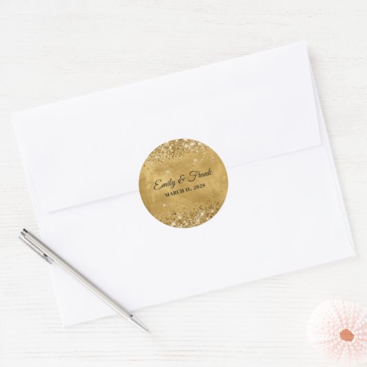 Glitterig Gouden Bruiloft Ronde Sticker (Envelop)