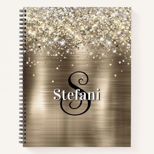 Glitterig Gouden Folie Faux Glitter Monogram Notitieboek (Voorkant)