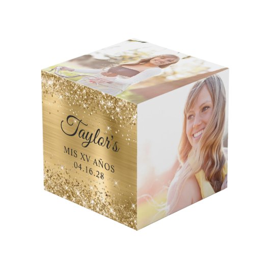 Glitterig Gouden Folie Mis XV Años Foto Kubus (Voorkant hoekig)