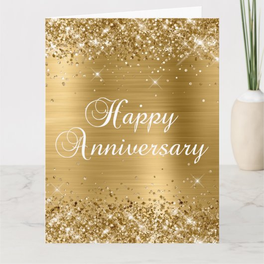 Glitterig Gouden Gelukkig Jubileum Kaart (Voorkant)
