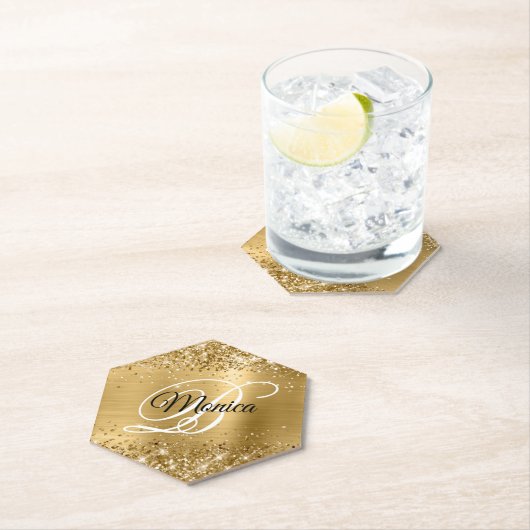 Glitterig Goudfolie Fancy Monogram Pointed Kartonnen Onderzetters (Insitu)