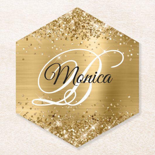 Glitterig Goudfolie Fancy Monogram Pointed Kartonnen Onderzetters (Voorkant)