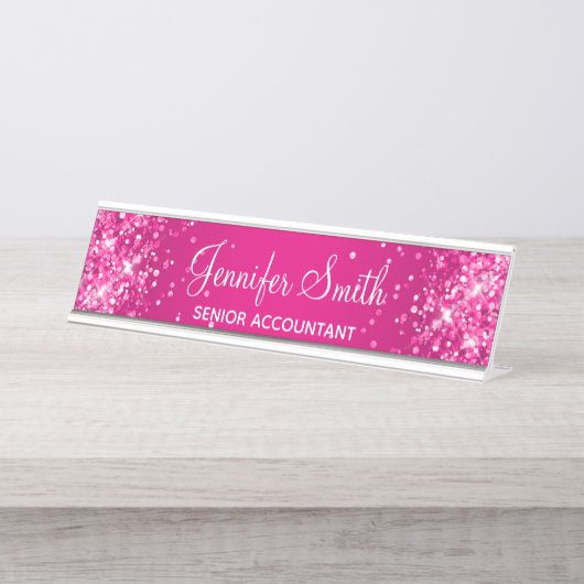 Glitterig Heet Roze Gradient Bureau Naambordje (Voorkant)
