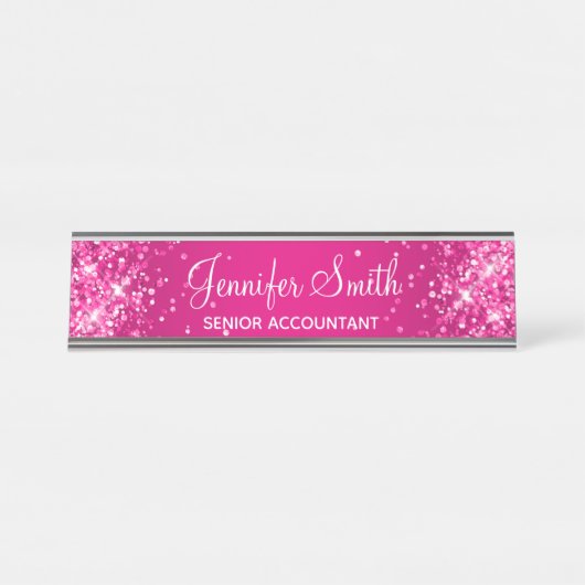 Glitterig Heet Roze Gradient Bureau Naambordje (Voorkant)