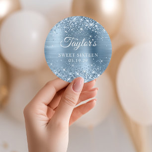 Glitterig Lichtblauw Folie Sweet Sixteen Ronde Sticker