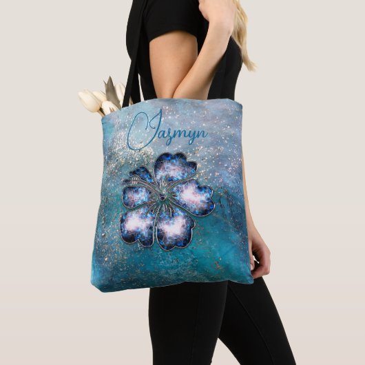 Glitterig Magisch Blauw Hibiscus Gepersonaliseerd Tote Bag (Dichtbij)