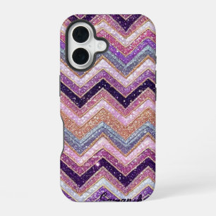 Glitterig paarse en roze zigzagpatroon iPhone 16 hoesje