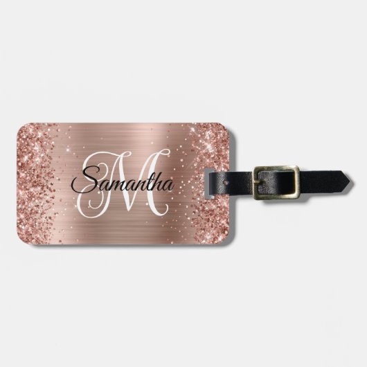 Glitterig Roos Goud Curly Monogram Bagagelabel (Voorkant horizontaal)