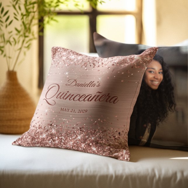 Glitterig Roos Gouden Glam Quinceanera Foto Kussen (Glittery Rose Gold Glam Quinceanera Photo Throw Pillow)
