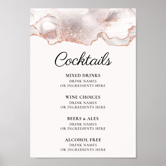 Glitterig Roos Gouden Witte Agaat Cocktail Menu A4 Poster (Voorkant)